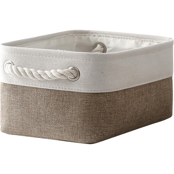 TESPERT White & Khaki Small Storage Basket - Collapsible EVA Organizer Bin with Handles (11.8x7.9x5.1") for Closet, Toys, Laundry - Durable & Space Saving