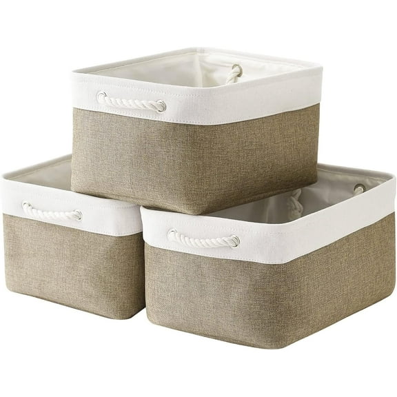 TESPERT 3-Pack Extra Large Storage Basket Set, Trunk Organizer, Clothes Toys Bin, 15.7 x 11.8 x 8.3 Inches, Rectangular EVA Collapsible Shelf Box with Handles, White & Khaki