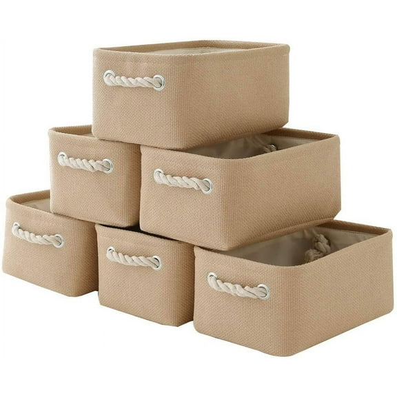 Tegance 6-Pack Small Storage Basket Set, Storage Cube Organizer, Storage Bins, 12 x 8 x 5 Inches, Rectangle Canvas Fabric Collapsible Shelf Box with Handles, Beige