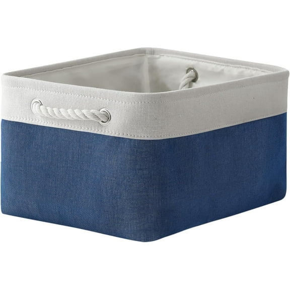 TESPERT Extra Large Storage Basket, Trunk Organizer, Clothes Toys Bin, 15.7 x 11.8 x 8.3 Inches, Rectangular EVA Collapsible Shelf Box with Handles, White & Blue
