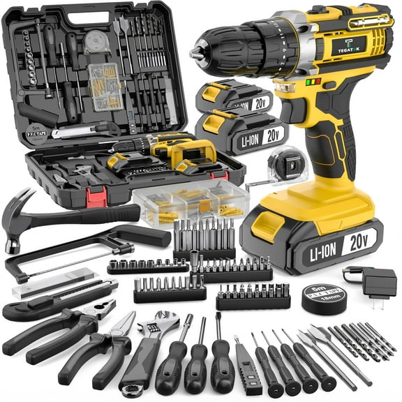 Tegatok 20V 136/147pcs Cordless Impact Drill Kit - 45Nm 20+3 Torque 2.0Ah Battery LED Light