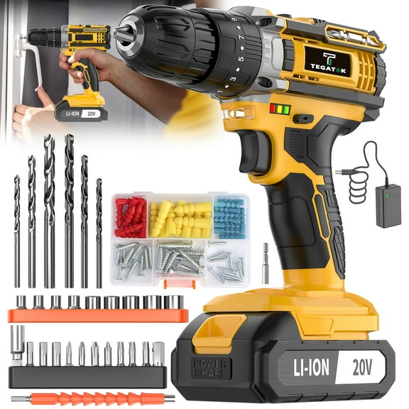Tegatok 20V Cordless Impact Drill Kit (136pcs/147pcs) - 23 Torque 45Nm Max, Built-in LED Light, 2.0Ah Battery+Fast Charger for Home Renovation/Woodworking/Furniture Assembly/Metal Drilling