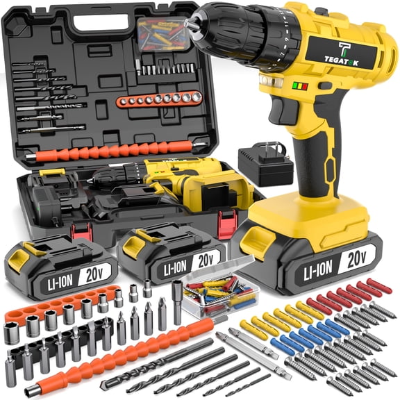 Tegatok 20V Cordless Impact Drill Kit, 20+3 Torque Settings, 45Nm Max Torque, Built-in LED Light, 2.0Ah Battery & Fast Charger, Ideal for Home Renovation Woodworking