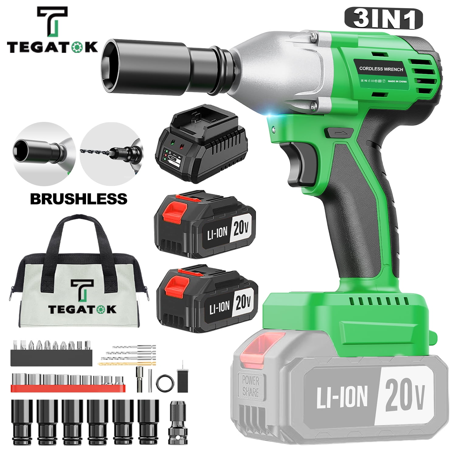 Tegatok Cordless Brushless Impact Wrench, Impact Gun 1/2 Inch(430N.m