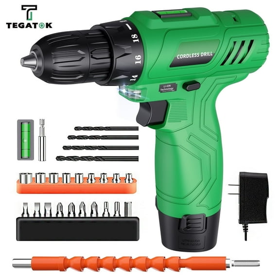 Tegatok Power Drill Cordless, 12V Cordless Drill with Battery and Charger, Electric Drill with Variable Speed and 18+1 Torque Setting, 25 Drill Bits for Drilling and Screwing