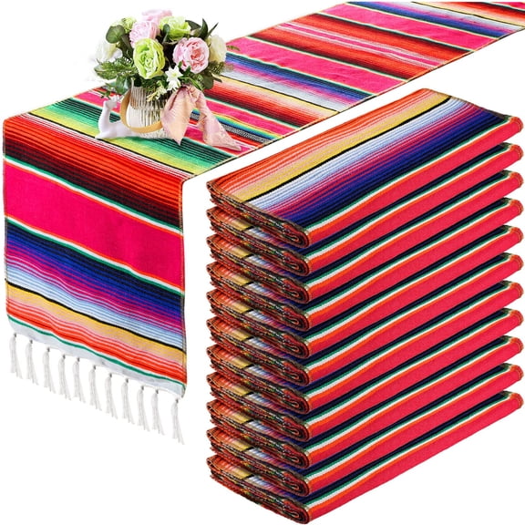 Tegeme 12 Pcs Mexican Table Runners 14 x 84 Inch Mexican Serape Table Runner Decor Blanket Fringe Cotton Table Runner Decoration for Cinco De Mayo Party Wedding(Novel Style) Y101