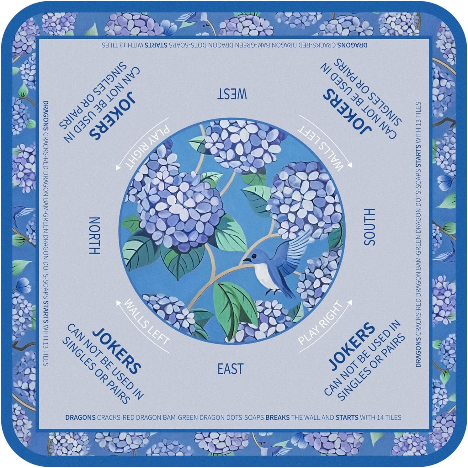 Tegeme Chinoiserie Mahjong Mat 31.5" x 31.5" Hydrangeas Mat Anti Slip and Noise Reduction Multi Purpose Game Table Cover Non-Slip Noise Reduction Gaming Rug for Mahjong, Card, Board Tile Game