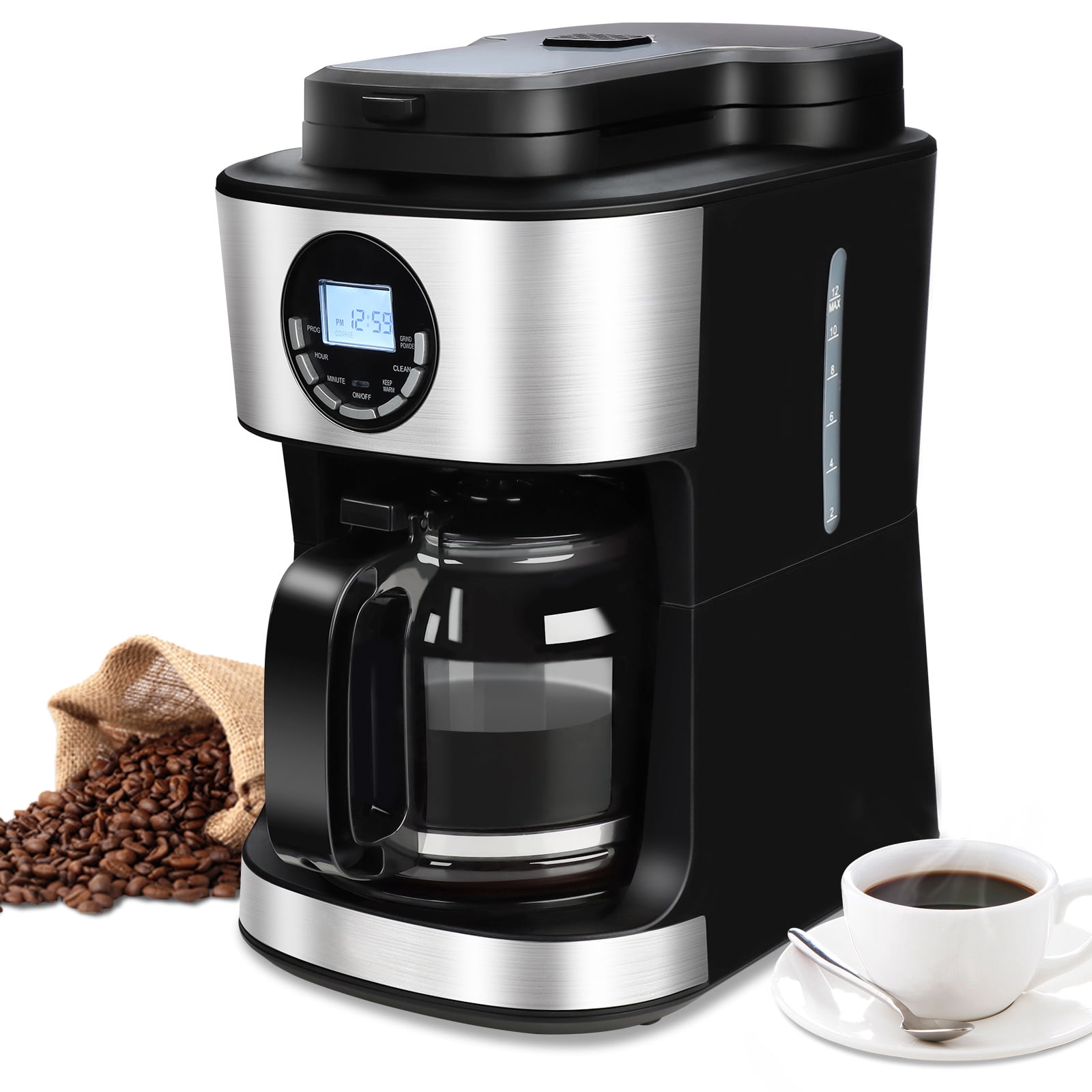 Kuhitley Coffee Maker with Grinder 12 Cups, Programmable Grind and Brew  Coffee Machine with Warming Plate, Automatic Drip Coffee Pot with 60 oz  Glass Carafe BPA Free, 950W, Black
