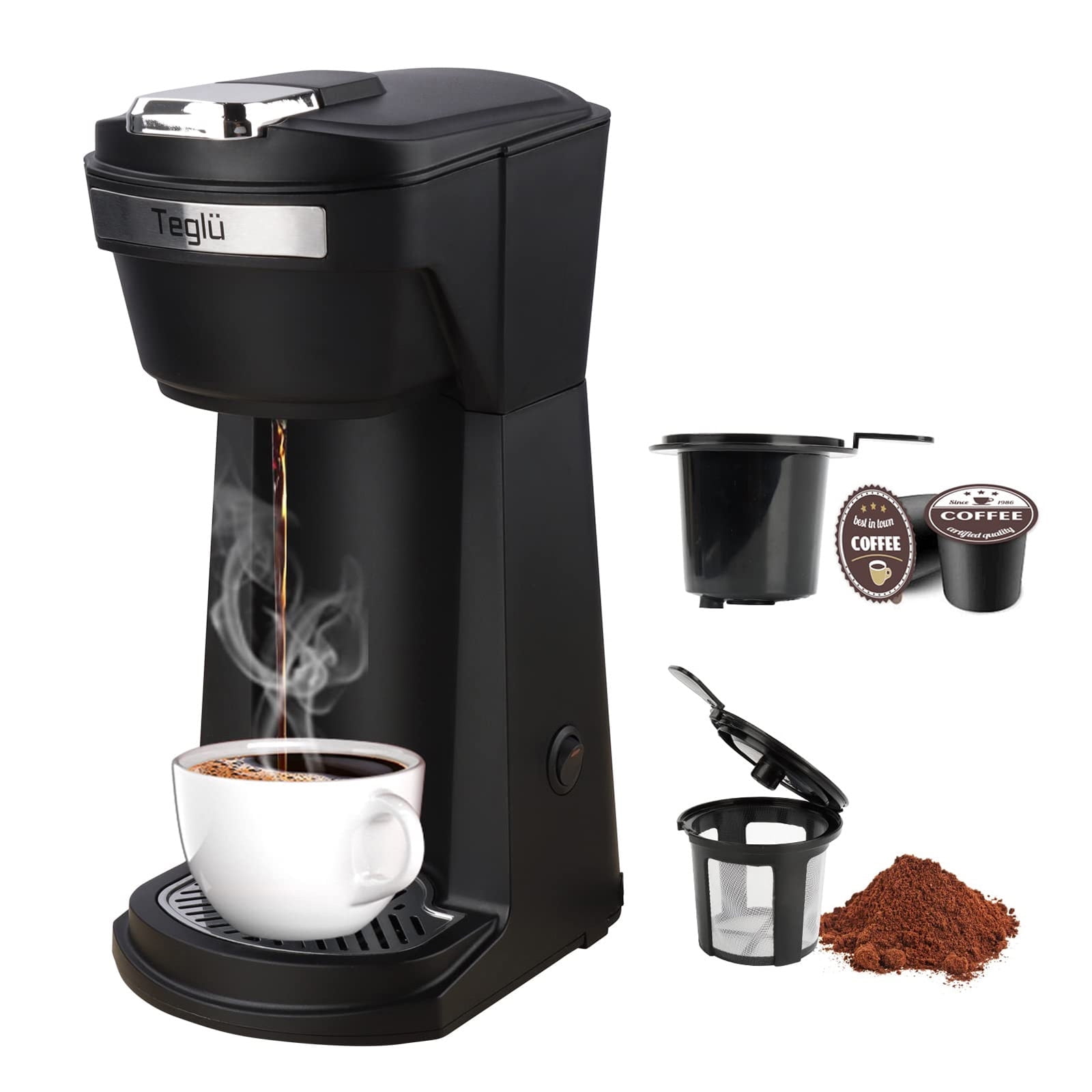 Walmart 2 in 1 Coffee Maker for K Cup Pods & Ground Coffee, Fast Brewing, Reusable Filters, Black