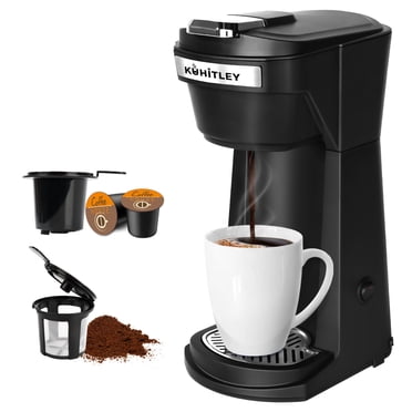 2 in 1 Single Serve Coffee Maker for K Cup Pods & Ground Coffee, Mini K Cup Coffee Machine with 6 to 14 oz Brew Sizes, Single Cup Coffee Brewer with One-Press Fast Brewing, Reusable Filters,Black