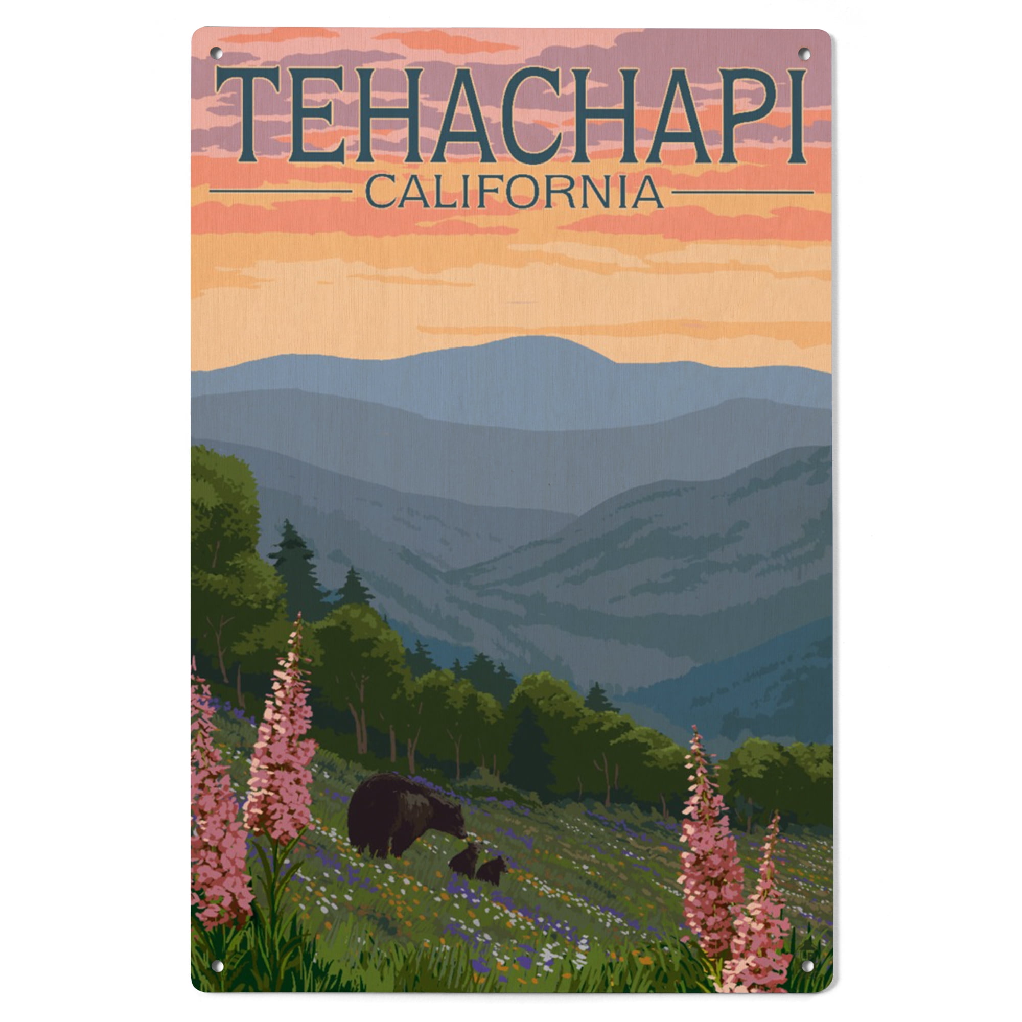 Tehachapi, California, Bear and Spring Flowers Birch Wood Wall Sign ...