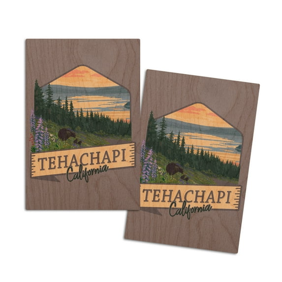 Tehachapi, California, Bears and Spring Flowers, Contour (4x6 Birch Wood Postcards, 2-Pack Stationary, Rustic Home Wall Decor)