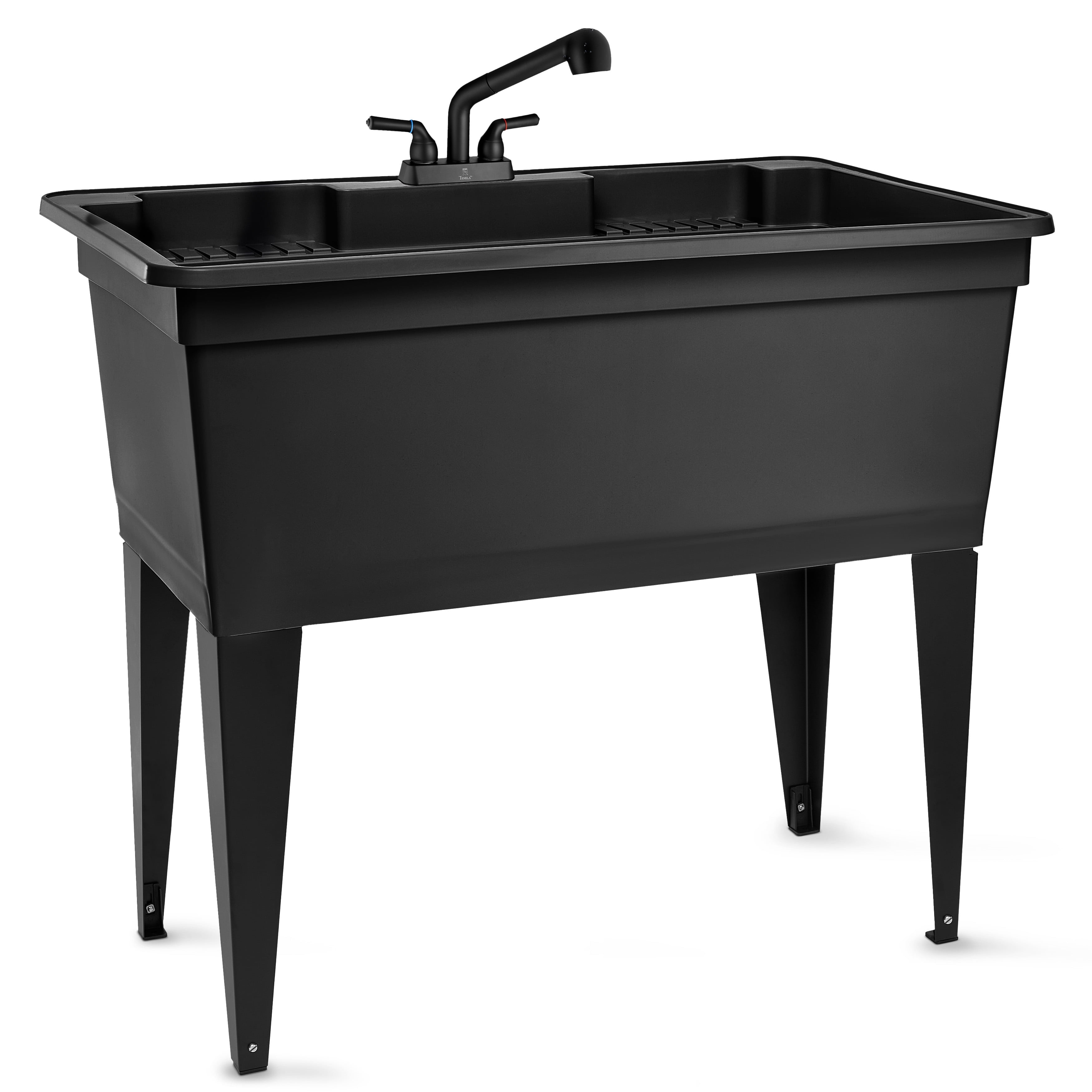Tehila 37 Gallon Freestanding Black Double Wide Utility Sink with Steel Legs and Black Pull-Out Faucet