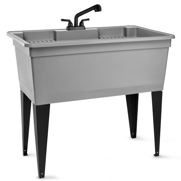 Tehila 37 Gallon Freestanding Grey Double Wide Utility Sink with Steel Legs and Black Pull-Out Faucet