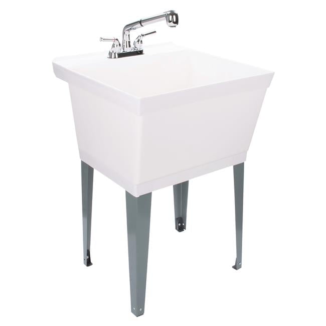 White Thermoplastic Freestanding Utility Sink with Pull-Out Faucet