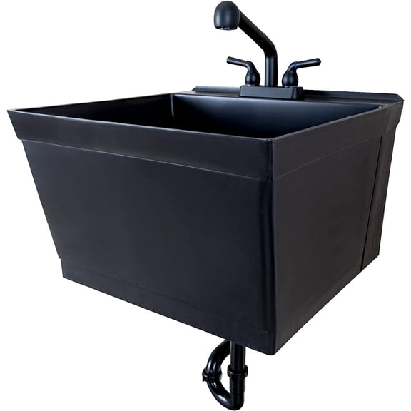 Tehila Black Wall-Mounted Utility Sink Tub Kit with Matte Black Finish Pullout Faucet, Wall-Mounted Utility Tub with Wall Bracket for Laundry Room, Garage, Workshop