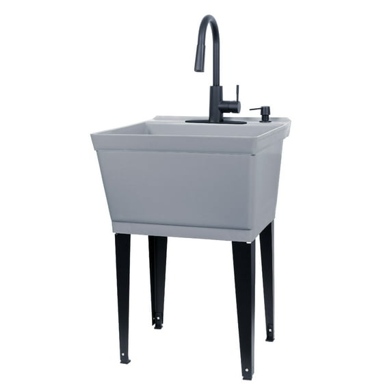 Tehila Grey 19 Gallon Utility Sink with Black High-Arc Faucet