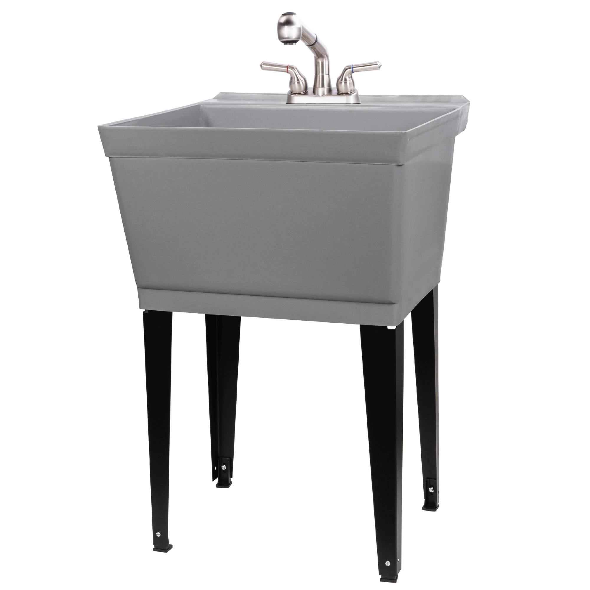 Gray Thermoplastic Freestanding Utility Sink with Stainless Steel Faucet