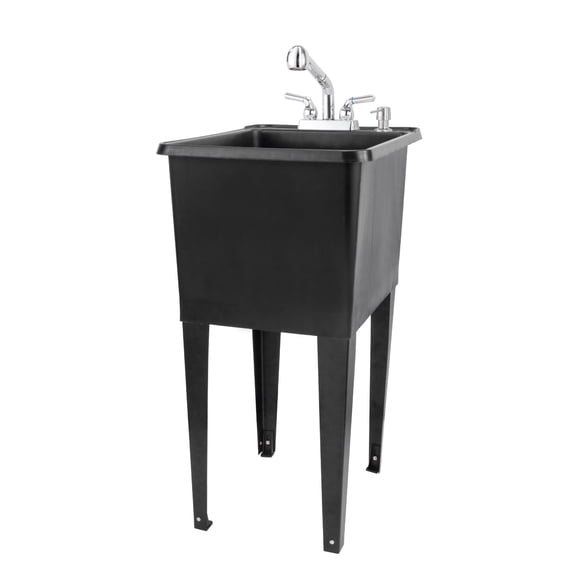 Tehila Black Thermoplastic Freestanding Utility Sink with Chrome Pull-Out Sprayer Faucet, 16 Gallon