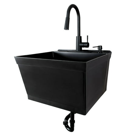 Tehila Wall Mounted Black Utility Sink with Matte Black Pull-down Faucet for Laundry Room