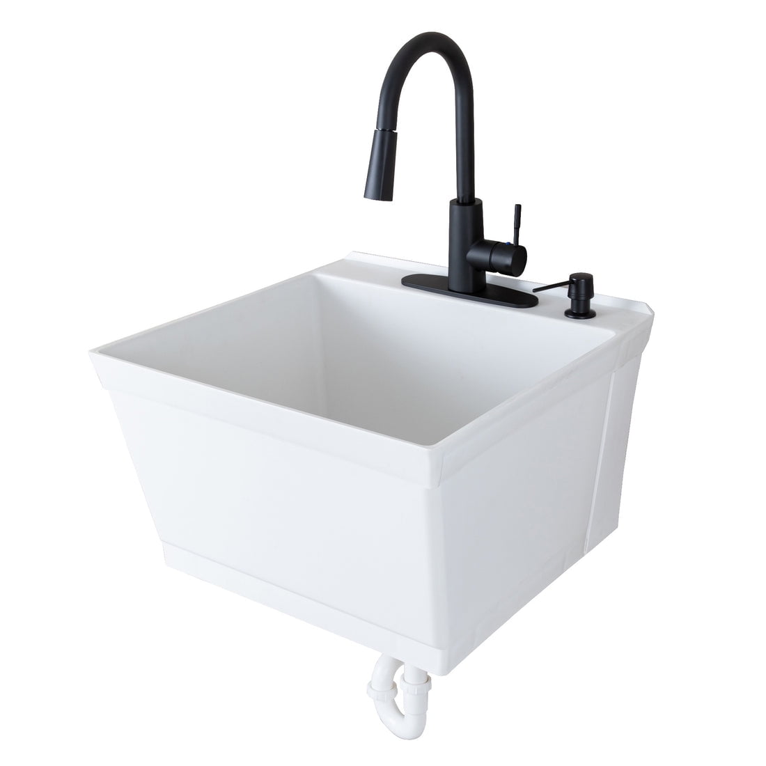 White Thermoplastic Wall Mounted Utility Sink with Matte Black Faucet