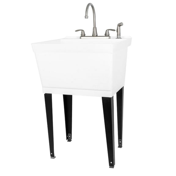 Tehila White 19 Gallon Utility Sink with Stainless Steel Finish High-Arc Dual Handle Faucet