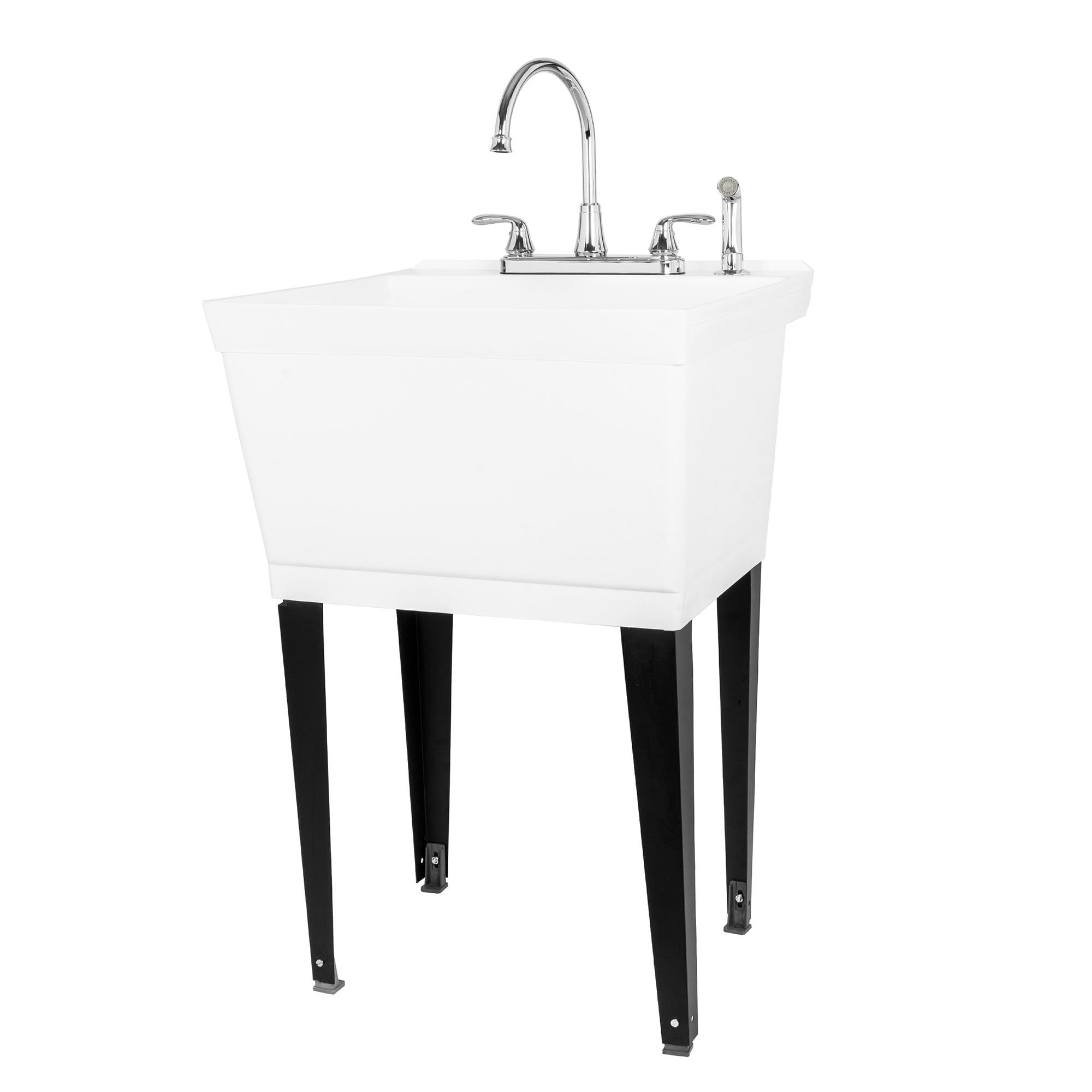 White Freestanding Utility Sink with Chrome Faucet and Side Sprayer