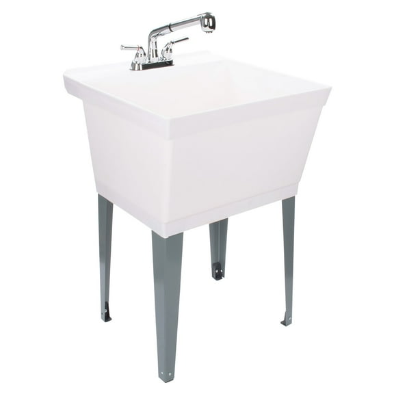 Tehila White Freestanding Floor Mount Utility Sink with Chrome Finish Faucet for Laundry Room