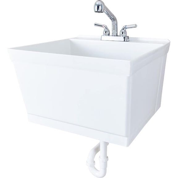 Tehila White Wall-Mounted Utility Sink Tub Kit with Chrome Finish Pullout Faucet, Wall-Mounted Utility Tub with Wall Bracket for Laundry Room, Garage, Workshop