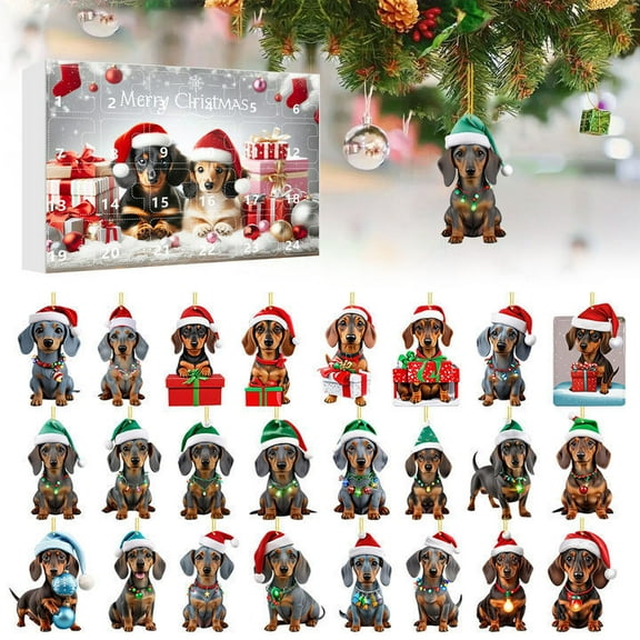 Teissuly 2024 Festival Vacation Advent Calendar 24 Day Christmas Countdown Calendar Dachshund Pendant With Santa Hats 2D Xmas Tree Chicken Ornaments For Christmas Party