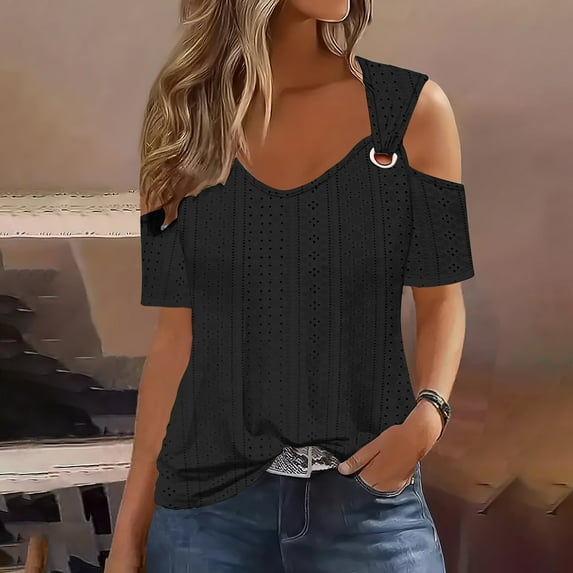 Teissuly 2024 Women's Fashion Casual Solid Color Shoulder Leakage Short Sleeve Pullover Short Sleeve Top