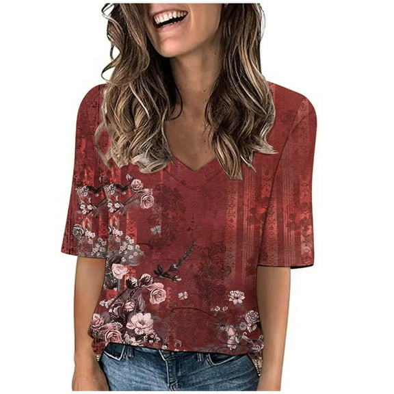 Teissuly 2024 Women's Fashion Tees Casual V-neck Loose Cute T Shirt 1/2 Sleeve Ladies Top