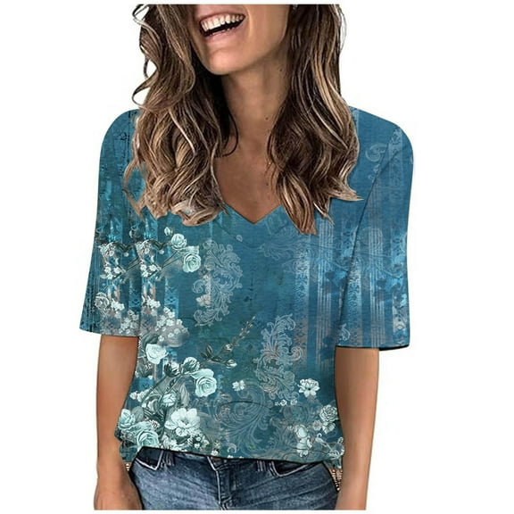 Teissuly 2024 Women's Fashion Tees Casual V-neck Loose Cute T Shirt 1/2 Sleeve Ladies Top