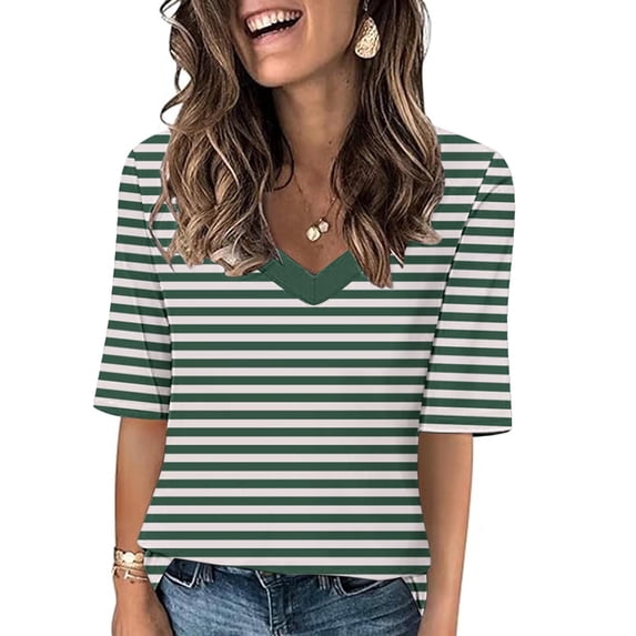 Teissuly 2024 Women's Fashion Tees Casual V-neck Loose Cute T Shirt 1/2 Sleeve Ladies Top