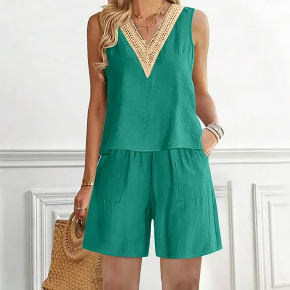 Teissuly 2PC Fashion Woman Round Neck Sleeveless Blouse +Loose Pockets Pants Sets