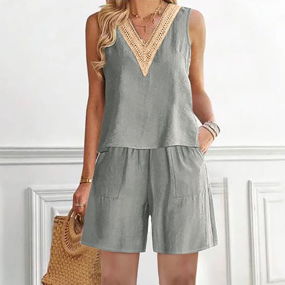 Teissuly 2PC Fashion Woman Round Neck Sleeveless Blouse  Loose Pockets Pants Sets