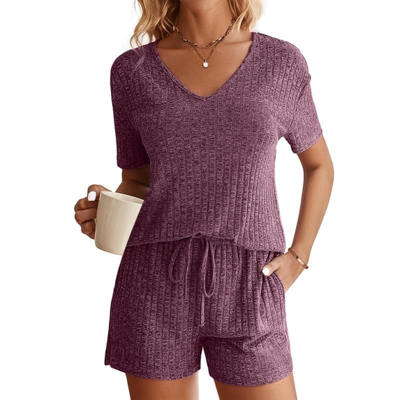 Teissuly 2PC Fashion Woman V Neck Short Sleeve Blouse +Loose Pockets Pants Sets