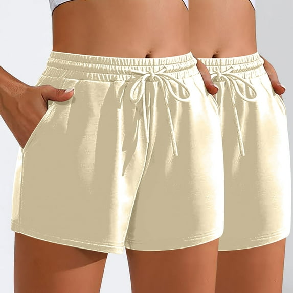 Teissuly 2PC Women'S Solid Color Casual Drawstring Sports Shorts With Pocket