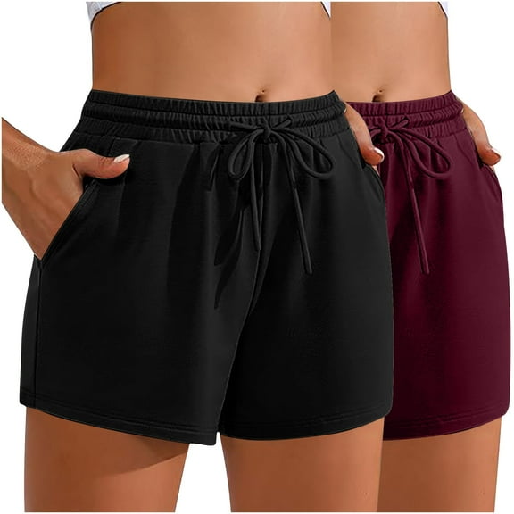 Teissuly 2PC Women'S Solid Color Casual Drawstring Sports Shorts With Pocket