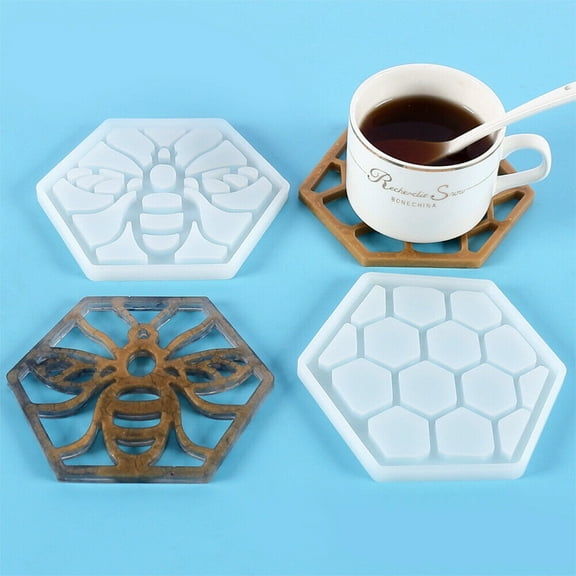 Teissuly 2pcs Resin Coaster Molds Bee Resin Molds Silicone Car Cup Holder Mould Honeycomb Mold Hexagon Silicone Molds for Epoxy Casting Crystal Agate Tray Resin Moulds Cup Mat for DIY Craft