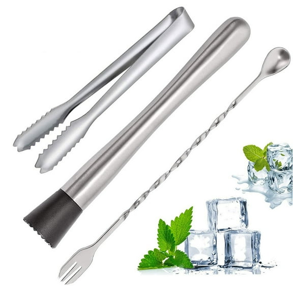 Teissuly 3PC Stainless Steel Cocktail Muddler And Mixing Spoon Home Bar Tool Set