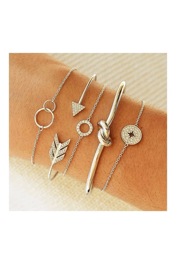 5Pcs Circle Diamond Knotted Fashion Open Geometric Chain Bracelet, Jewelry Valentine's Day Birthday Gift For Women Girls (Gold)
