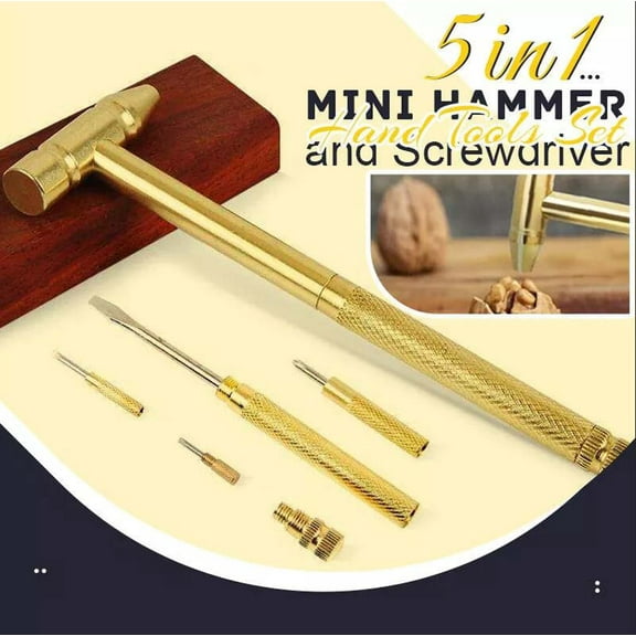 Teissuly 6 in 1 Mini Multifunction Hammer, Tiny Copper-Plated Hammer & Screwdriver, Multifunctional Hand Repairing Tools for Jewelry, Eating Walnuts (Gold)