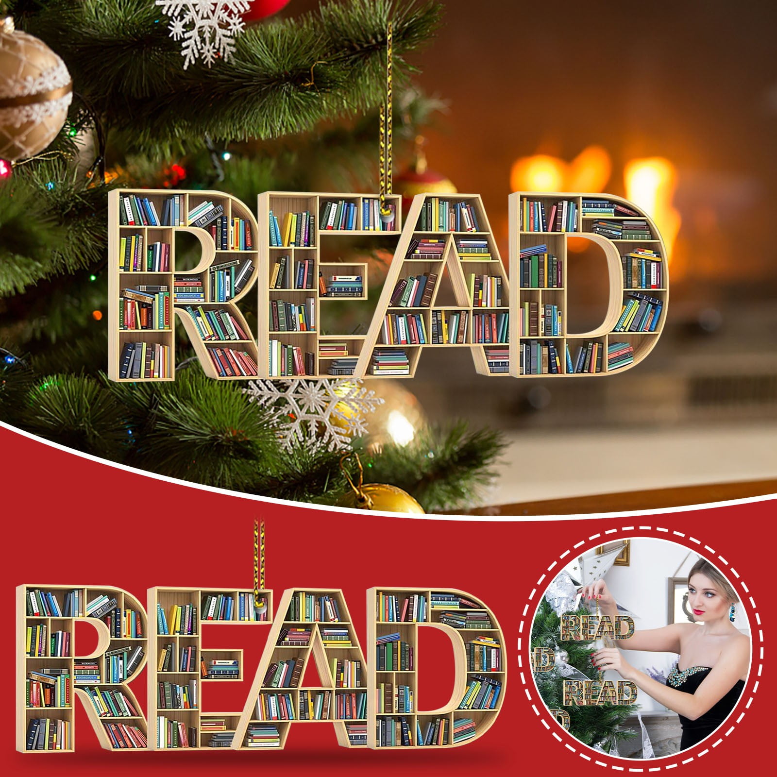 Teissuly All Over Printed, Book Lovers Ornaments, Bookshelf "Read