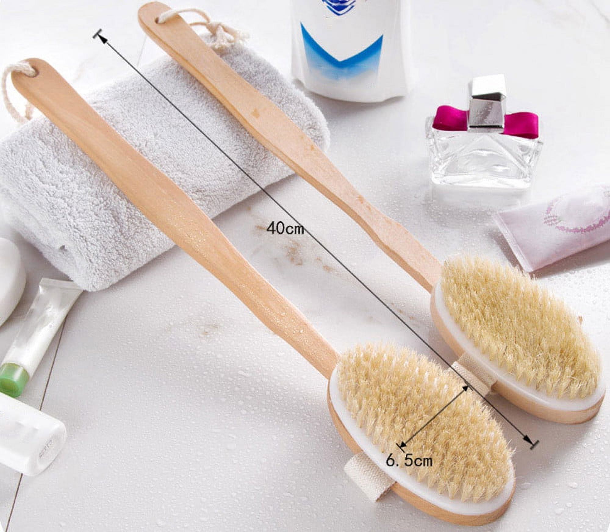 Long Wooden Handle Shower Brush With Detachable Nylon Bristle Head - Natural Body Scrubber For Back & Exfoliating