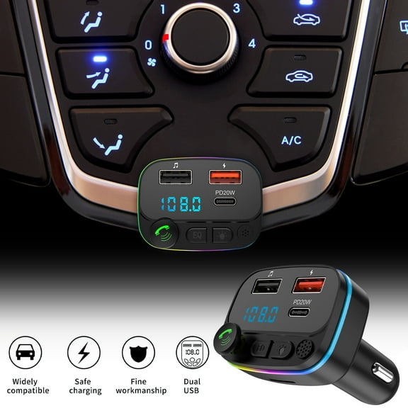Teissuly Car Bluetooth 5.0 Wireless Handsfree Car FM Transmitter Receiver Radio MP3 Adapter Player 2 USB+PD Charger Kit