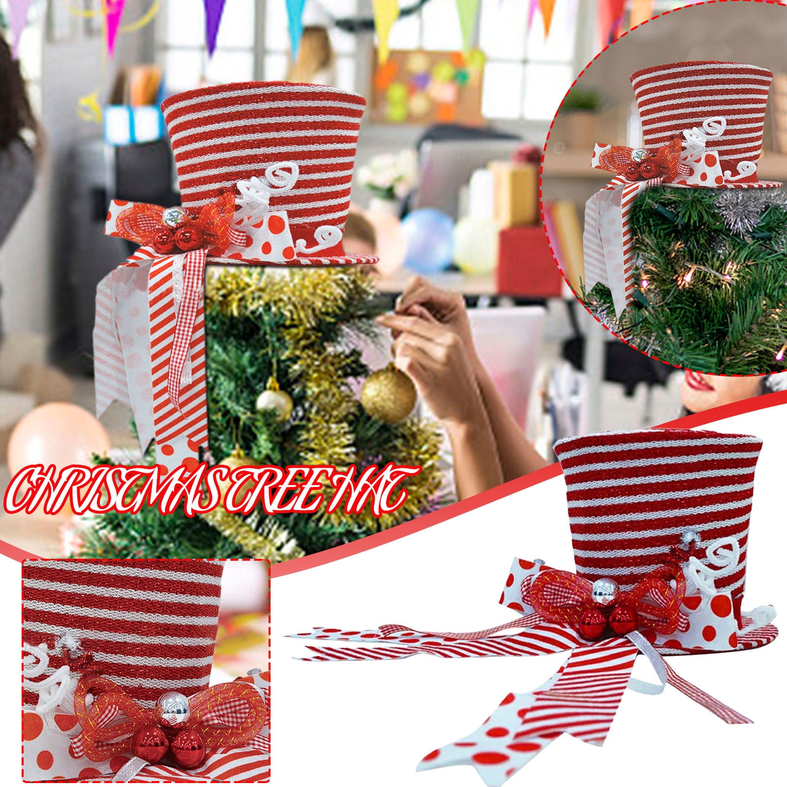 Teissuly Christmas Tree Topper Hat, Large Red Hat with Striped Bow
