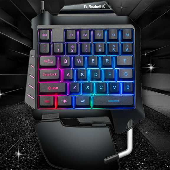 Teissuly Colorful Light Effect Tilted Keyboard Layout With Light Carved Characters Ergonomic Design Full Key No Punch One Handed Mobile Game Keyboard