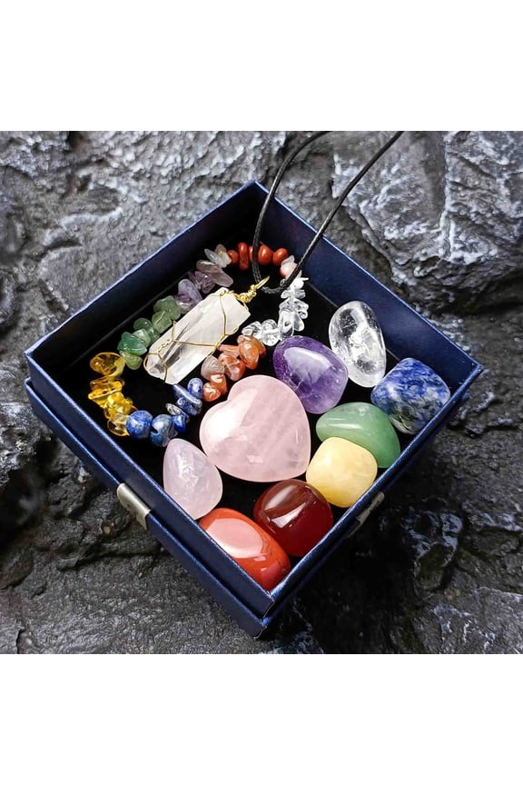 Crystal Jade Chakra Combination Set Pinks Crystal Hexagon Pillar Pendant Colorful Stone Gift Box