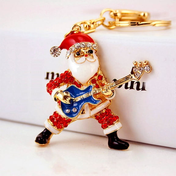 Teissuly Cute Crystal Diamond Santa Claus Playing Guitar Keychain Pendant